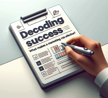 DALL·E 2023 11 18 17.01.58 A modern minimalistic design featuring a notepad with the title Decoding Success What Makes a Marketing Mix Effective written on it. The notepad 1 1