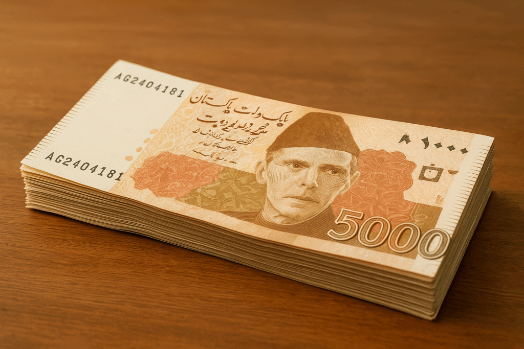 Close-up of Pakistani 5000 rupee banknotes stacked on a wooden desk, symbolizing currency strength and market stability
